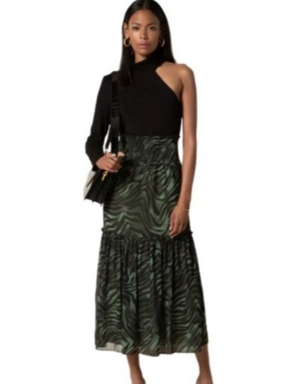Tart Joni Skirt Womens Dark Zebra Ruffled Smocked High Waist Medium